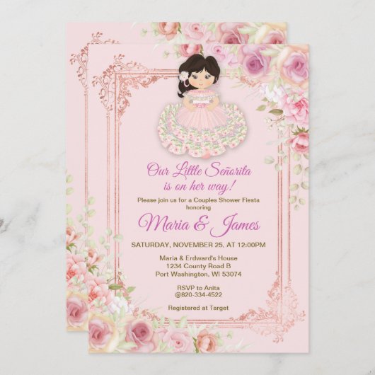 Invitation Fleurs rose vif Douche mexicaine Fiesta Couples (Devant / Derrière)