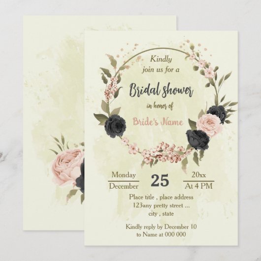 Invitation fleurs rose vif noir douche botanique (Devant / Derrière)