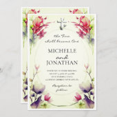 Invitation Fleurs rose violet Croix chrétienne Mariage de la  (Devant / Derrière)