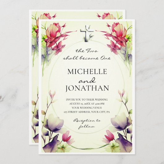 Invitation Fleurs rose violet Croix chrétienne Mariage de la (Devant / Derrière)