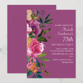 Invitation Fleurs rose violet jaune 75e anniversaire (Devant / Derrière)