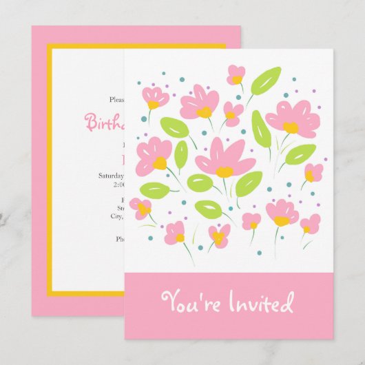 Invitation Fleurs roses (Devant / Derrière)