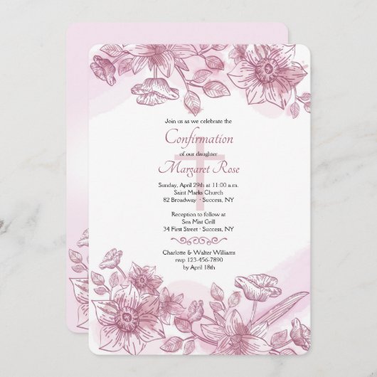 Invitation Fleurs Roses (Devant / Derrière)