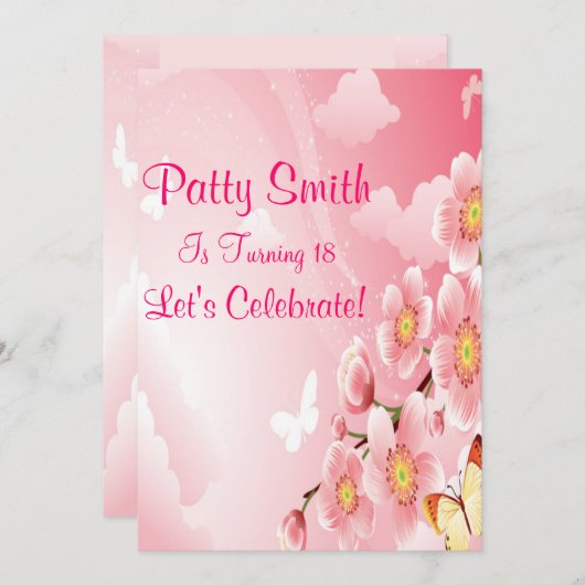 Invitation Fleurs roses (Devant / Derrière)