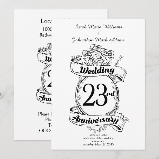 Invitation Fleurs Roses 23e Anniversaire de Mariage (Devant / Derrière)