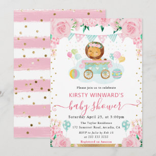 Invitation Fleurs roses à l'aquarelle Baby Shower Lionceau
