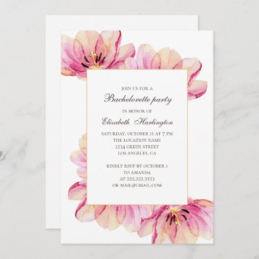Invitation Fleurs roses à l'aquarelle. Enterrement de vie de (Devant / Derrière)