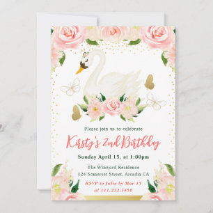 Invitation Fleurs roses à l'aquarelle et Anniversaire du cygn