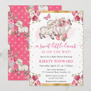 Invitation Fleurs roses à l'aquarelle Fête prénatale d'agneau