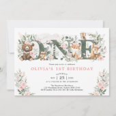 Invitation Fleurs roses Animaux de bois 1er anniversaire fill (Devant)