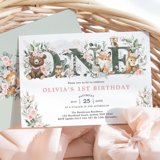 Invitation Fleurs roses Animaux de bois 1er anniversaire fill