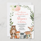 Invitation Fleurs roses animaux de bois fille 1er anniversair (Devant)