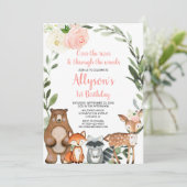 Invitation Fleurs roses animaux de bois fille 1er anniversair (Debout devant)