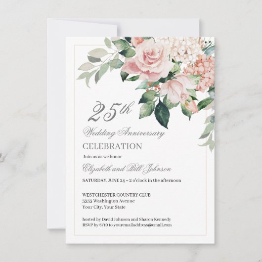 Invitation Fleurs roses aquarelle 25e anniversaire de mariage (Devant)