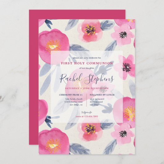 Invitation Fleurs roses Aquarelle Florale Première Sainte Com (Devant / Derrière)