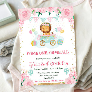 Invitation Fleurs roses aquarelle Lion Anniversaire Enfants