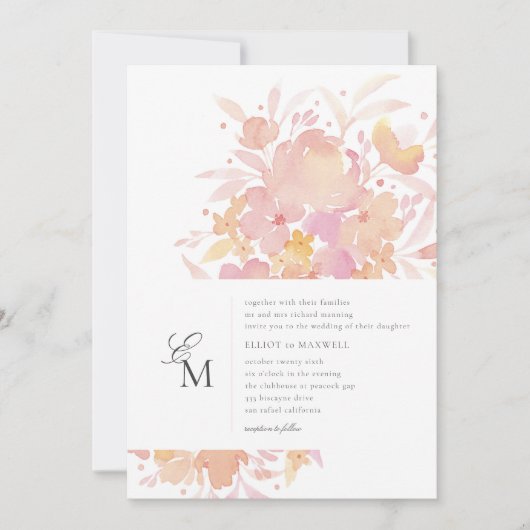 Invitation Fleurs roses Aquarelle Mariage Floral (Devant)