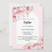 Invitation Fleurs roses arc arc or croix fille baptême (Devant)