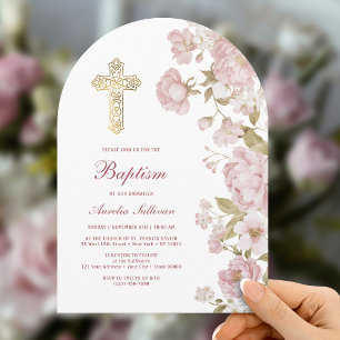 Invitation Fleurs Roses Arche Baptême