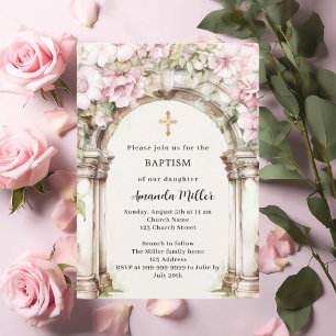 Invitation Fleurs roses arche beige fille Baptême