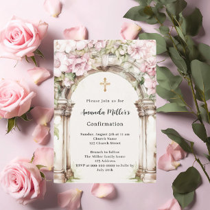 Invitation Fleurs roses arche beige fille Confirmation