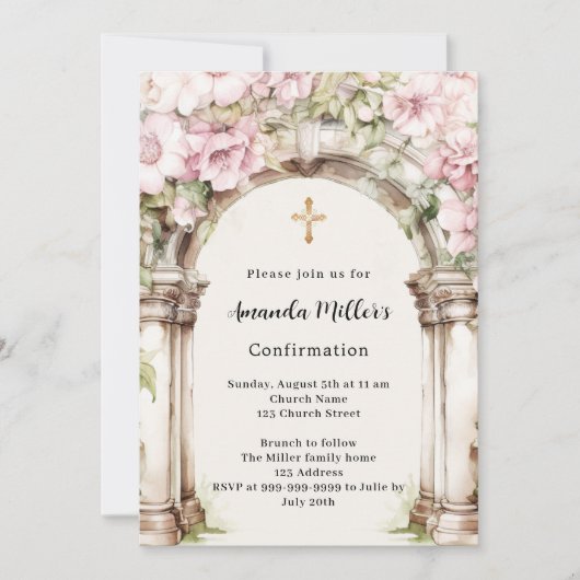 Invitation Fleurs roses arche beige fille Confirmation (Devant)