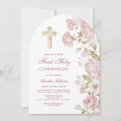 Invitation Fleurs Roses Arche Première Communion (Devant)