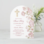 Invitation Fleurs Roses Arche Première Communion (Debout devant)