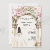 Invitation Fleurs roses arche robe blanche Sweet 16 (Devant)