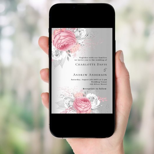 Invitation Fleurs roses argent mariage de luxe