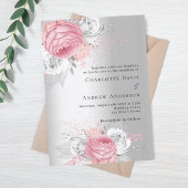 Invitation Fleurs roses argent mariage de luxe