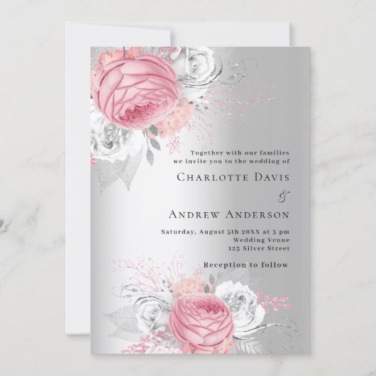 Invitation Fleurs roses argent mariage élégant (Devant)