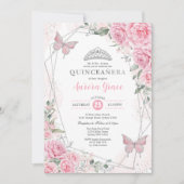 Invitation Fleurs Roses Argent Papillon Quinceañera Anniversa (Devant)