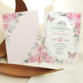 Invitation Fleurs Roses Argent Papillon Quinceañera Anniversa