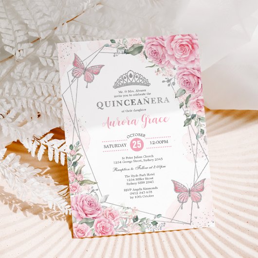 Invitation Fleurs Roses Argent Papillon Quinceañera Anniversa