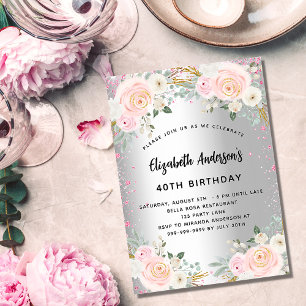 Invitation Fleurs roses argentées parties scintillant luxe