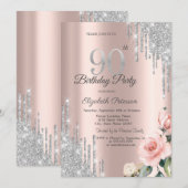 Invitation Fleurs Roses avec Gouttes de Paillettes Argentées  (Devant / Derrière)