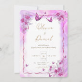 Invitation Fleurs roses avec papillons Mariage (Devant)