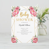 Invitation Fleurs roses Baby shower de cadre géométrique (Debout devant)
