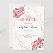 Invitation Fleurs roses Baby shower de cadre géométrique (Devant)