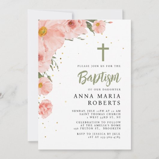 Invitation Fleurs roses Baptême (Devant)