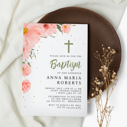 Invitation Fleurs roses Baptême