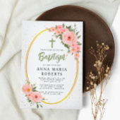 Invitation Fleurs roses Baptême fille verte