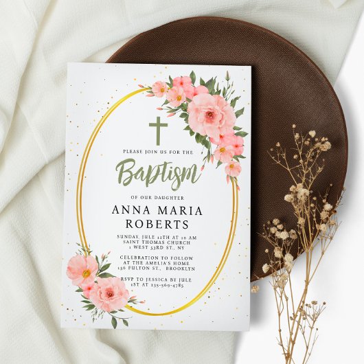 Invitation Fleurs roses Baptême fille verte