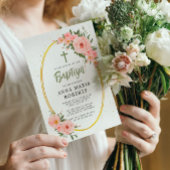 Invitation Fleurs roses Baptême fille verte
