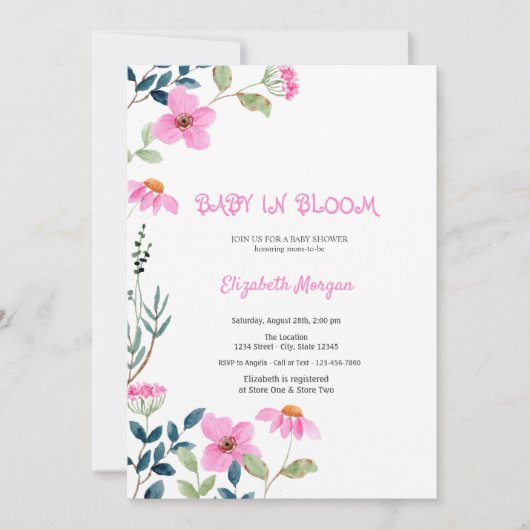 Invitation Fleurs roses bébé en fleurs  Baby Shower (Devant)