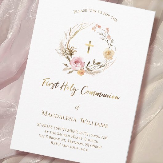 Invitation fleurs roses beiges | Première Sainte Communion