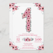 Invitation Fleurs roses Big 1er Anniversaire Fille Foliage ve (Devant / Derrière)