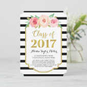 Invitation Fleurs roses Black Stripes Gold Photo Graduation (Debout devant)