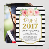 Invitation Fleurs roses Black Stripes Gold Photo Graduation (Devant / Derrière)
